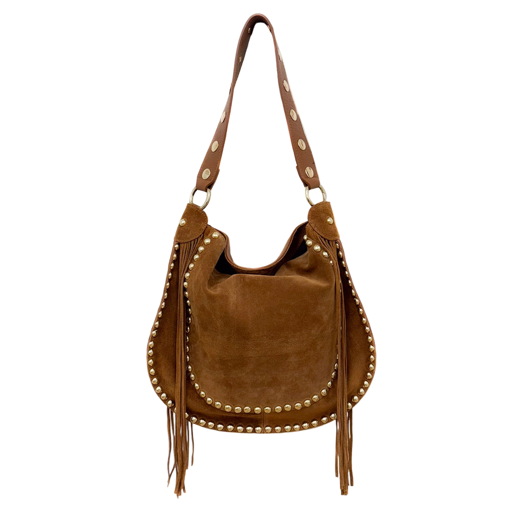 Bolso de Antelina Camel con Tachuelas y Flecos – Estilo Boho Chic