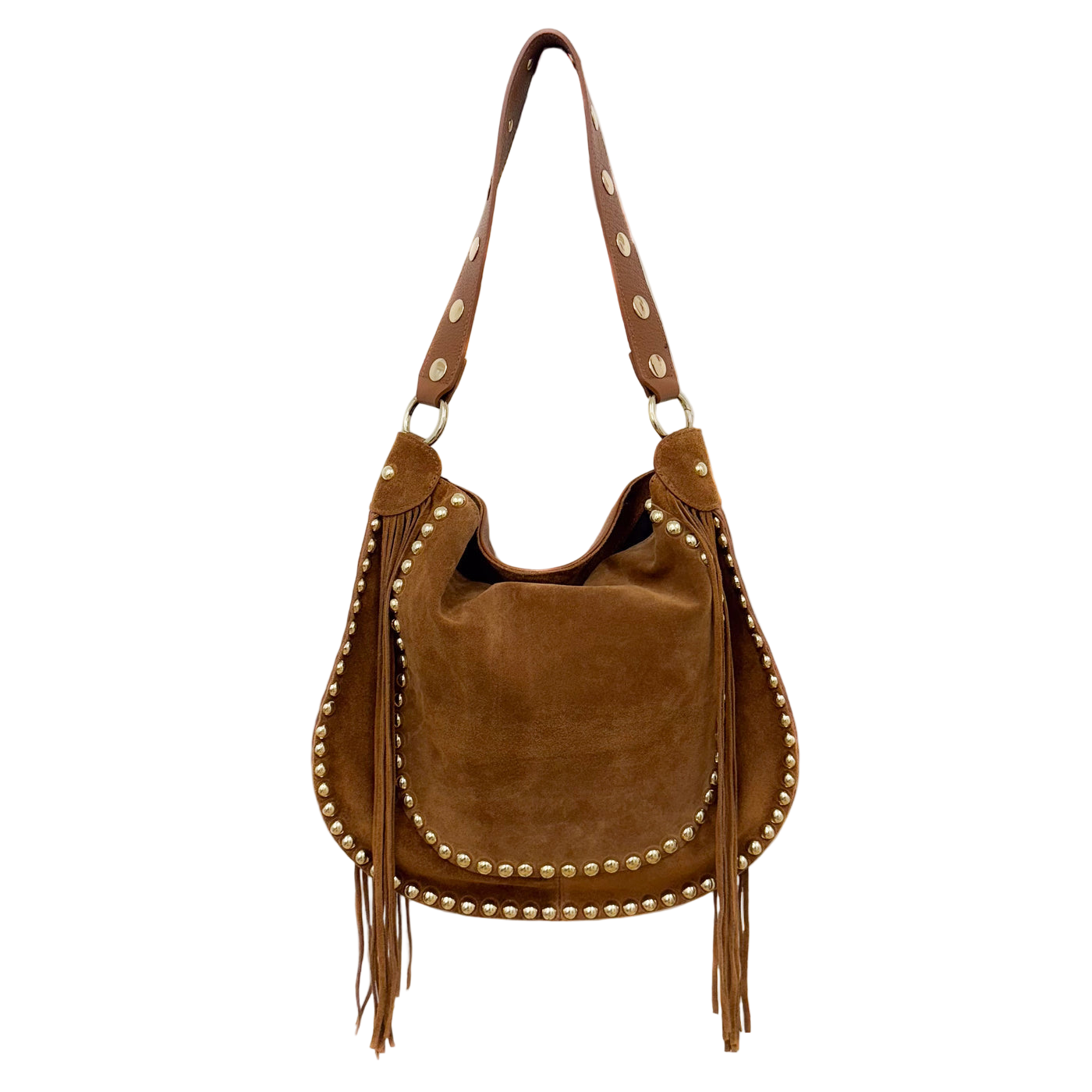 Bolso de Antelina Camel con Tachuelas y Flecos – Estilo Boho Chic