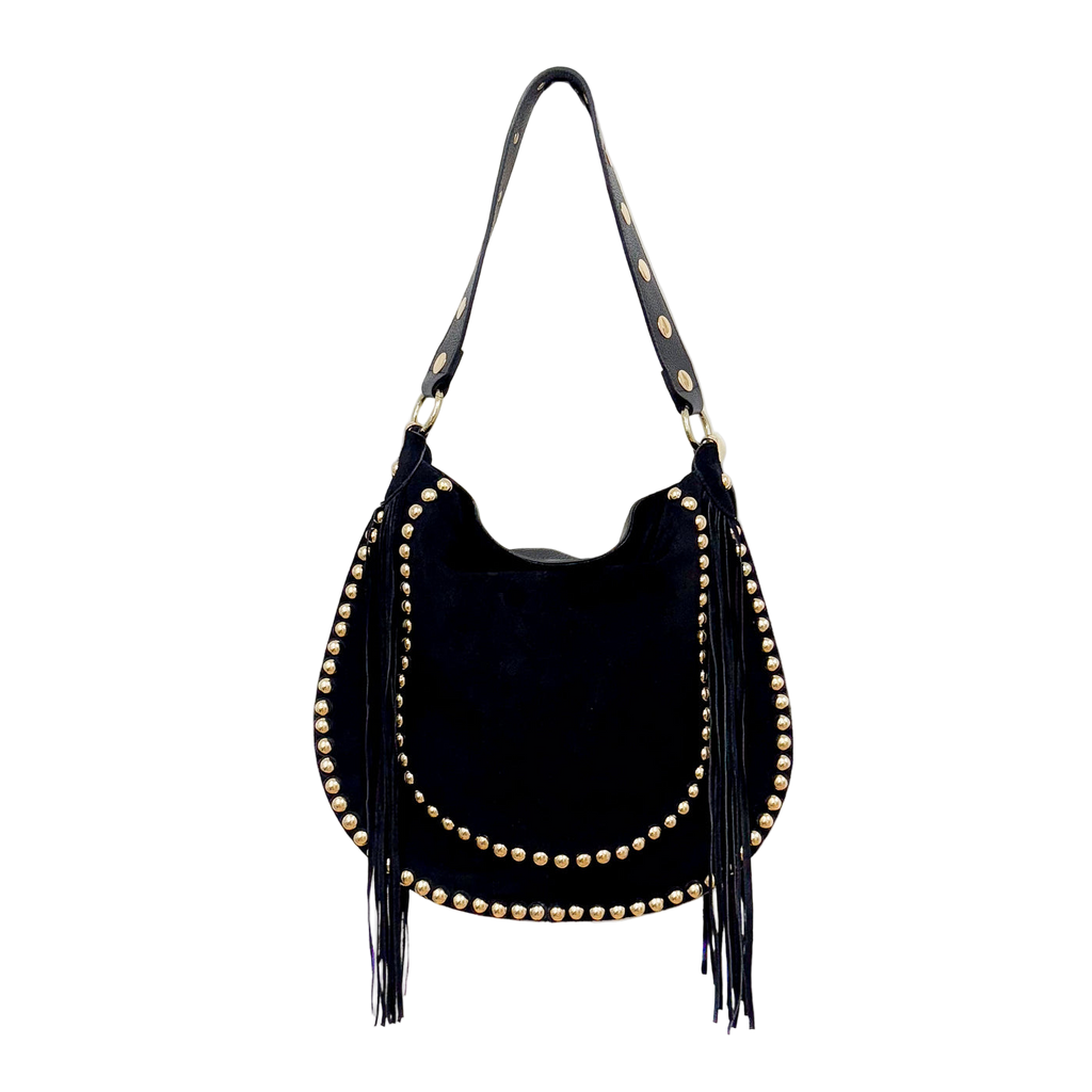 Bolso de Antelina Negra con Tachuelas y Flecos – Estilo Boho Chic
