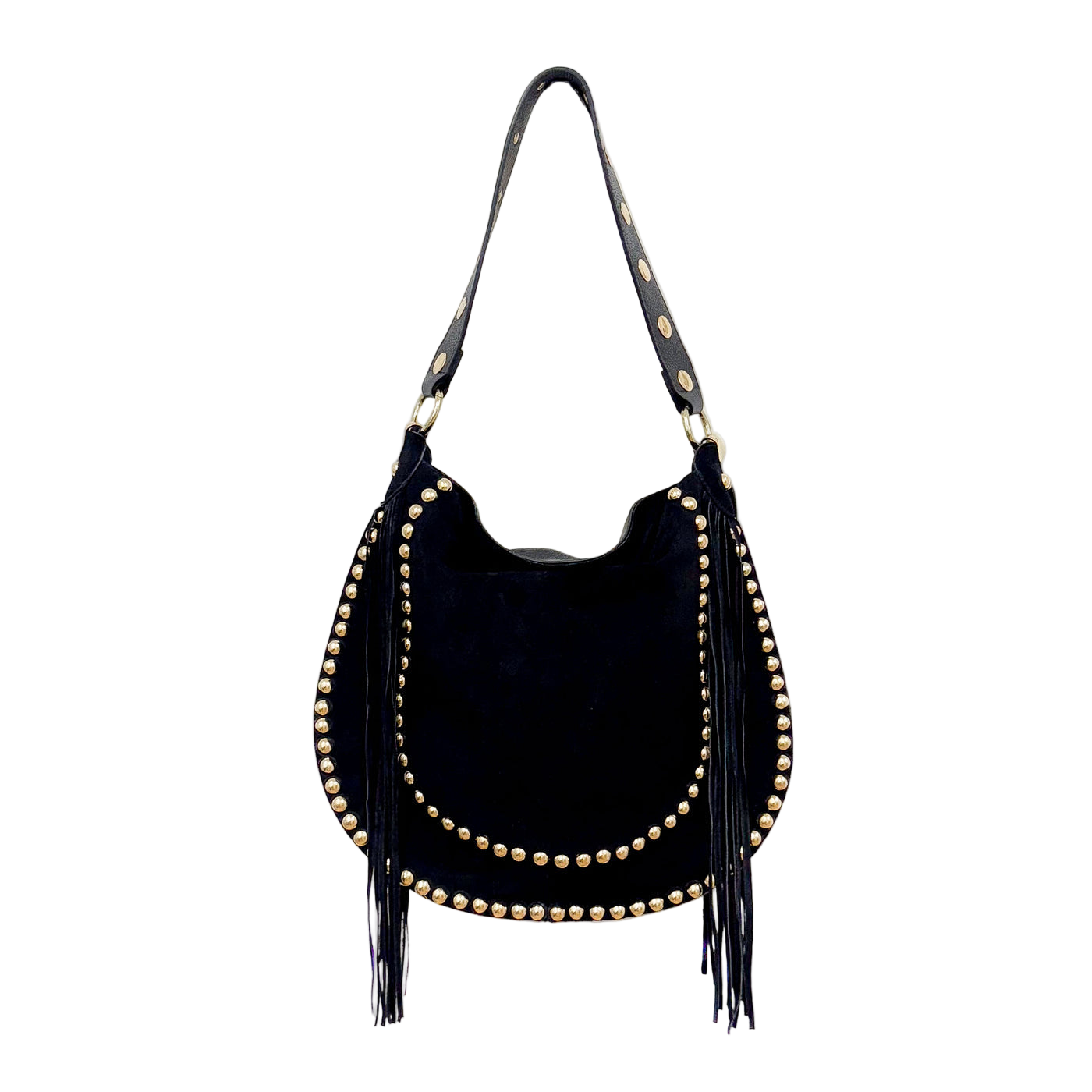Bolso de Antelina Negra con Tachuelas y Flecos – Estilo Boho Chic