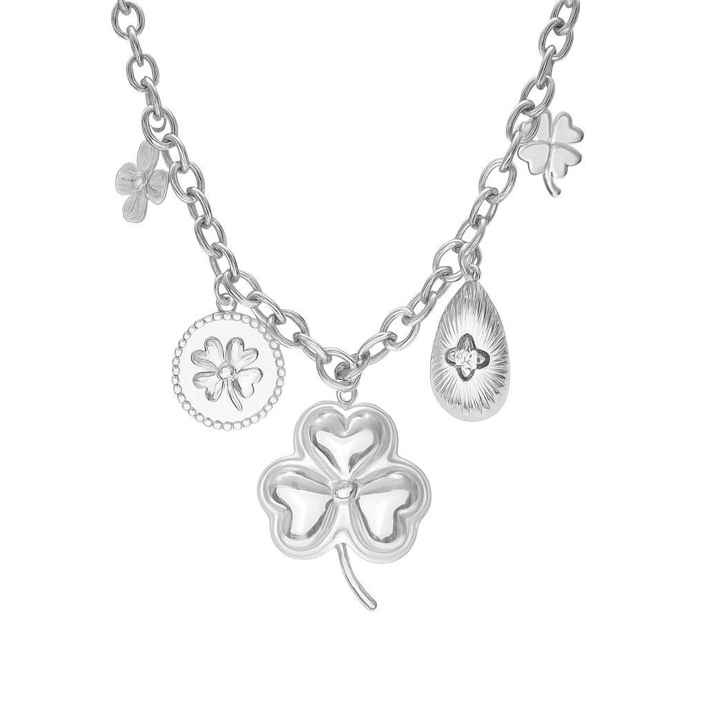 Collar con Dijes de Trébol y Detalles Florales