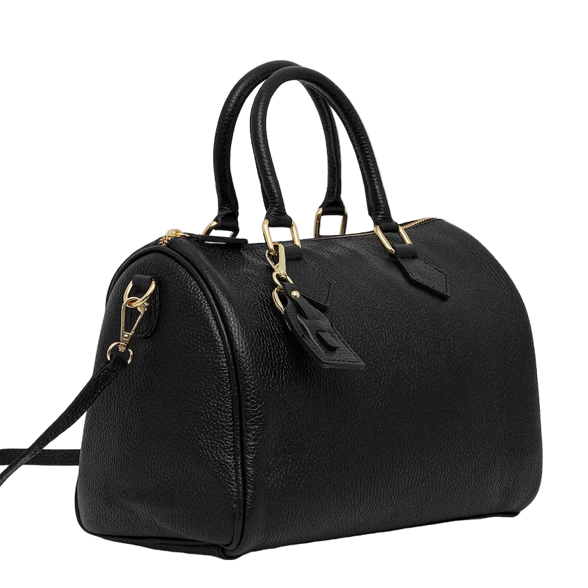 Bolso Negro Piel Estructurado Tipo Bowling con Detalles Dorados