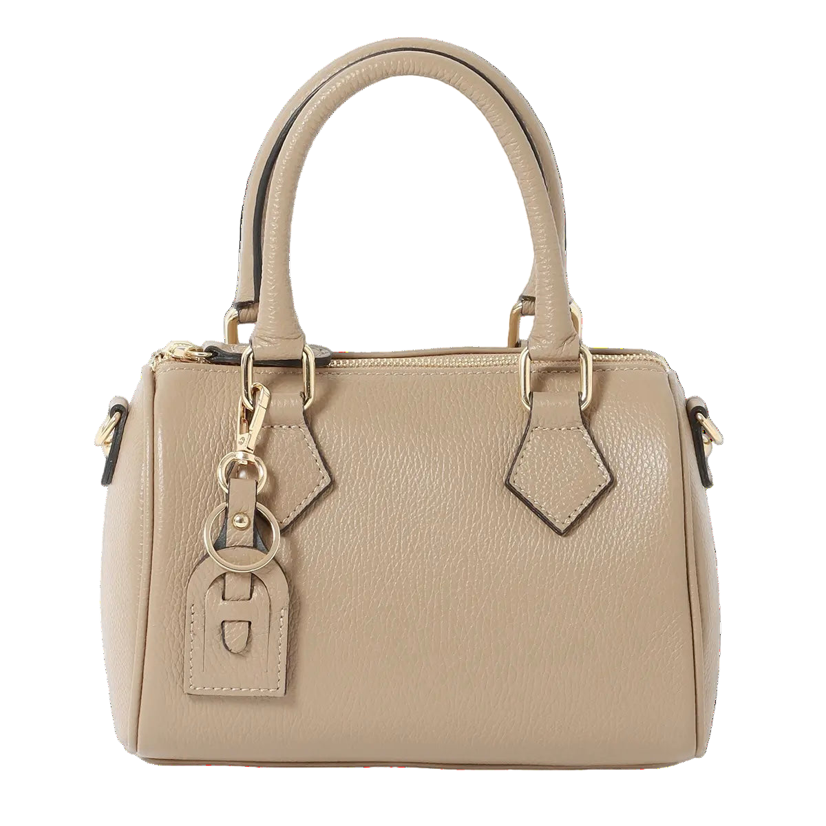 Bolso Beige Piel Estructurado Tipo Bowling con Detalles Dorados