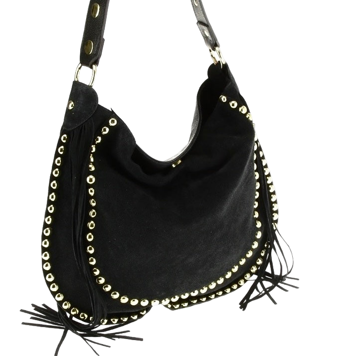 Bolso de Antelina Negra con Tachuelas y Flecos – Estilo Boho Chic