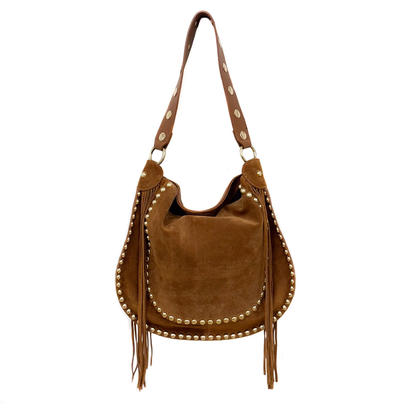Bolso de Antelina Negra con Tachuelas y Flecos – Estilo Boho Chic