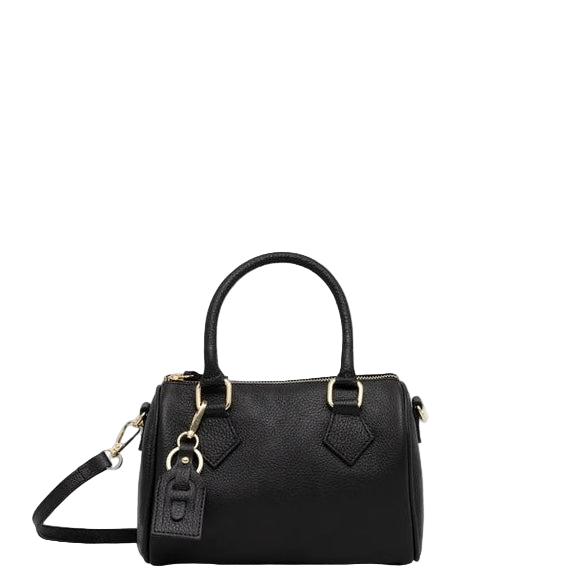 Bolso Negro Piel Estructurado Tipo Bowling con Detalles Dorados