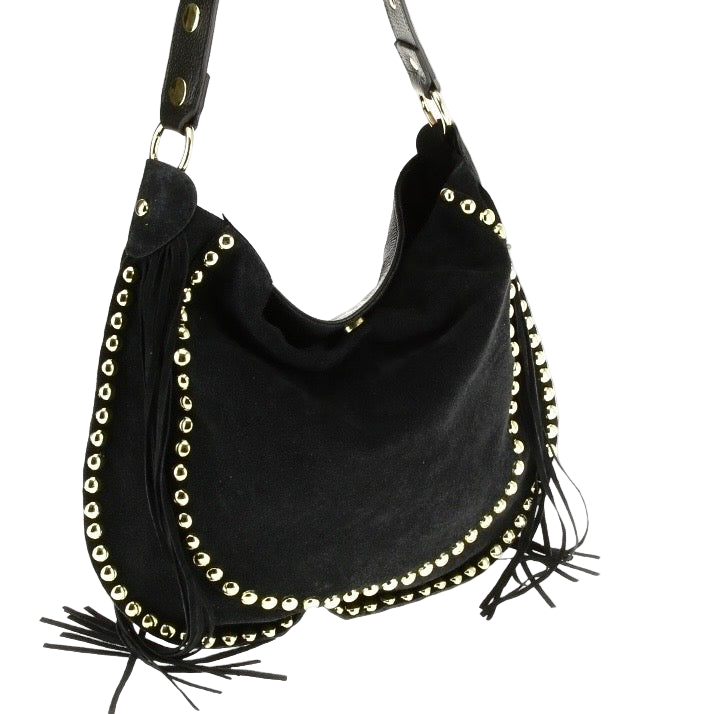 Bolso de Antelina Negra con Tachuelas y Flecos – Estilo Boho Chic